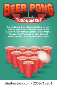 beer glass and flying ping pong ball for beer pong tournament poster template. beer pong vector illustration poster template