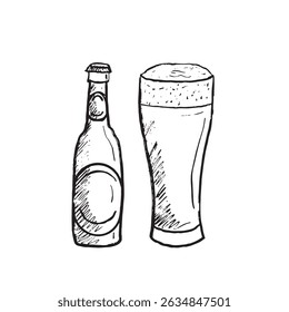 Beer glass with foam and bottle in black brush stroke texture isolated on white. Hand drawn vector sketch illustration in vintage charcoal ink. Bar menu, beverages