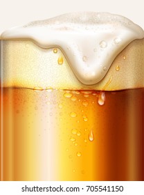 Beer In A Glass With Foam And Bubbles. Realistic Brewery Background. Vector Illustration. 