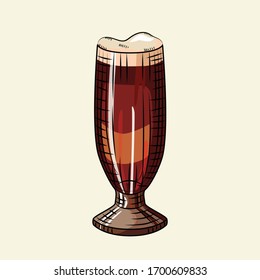 Beer glass with foam isolated on light background. Alcohol drink poster. Design for pub menu, cards, banner, prints, packaging. Engraving style. Vector illustration