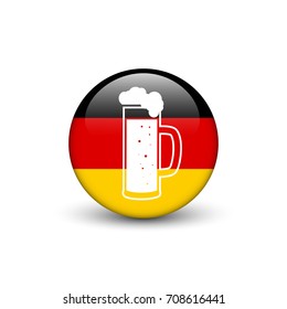 Beer glass with foam on the background on German flag , glossy black web button