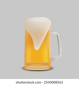 Beer glass with foam on top overflowing, isolated on grey background. For web, advertising, media, print, online.