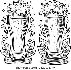 Beer glass with foam pattern, isolated, line art style, vector