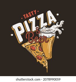 Beer glass with foam and pizza for print. Original food and drink design with beer mug with froth for bar