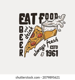 Beer glass with foam and pizza for print. Original food and drink design with beer mug with froth for bar