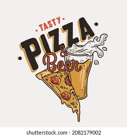 Beer glass with foam and pizza for print. Original food and drink design with beer mug with froth for bar