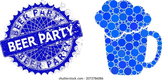 Beer glass foam vector collage of circle dots in variable sizes and blue color tones, and distress Beer Party stamp. Blue round sharp rosette stamp seal includes Beer Party text inside.