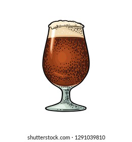 Beer glass with foam. Vintage color vector engraving illustration. Isolated on white background.