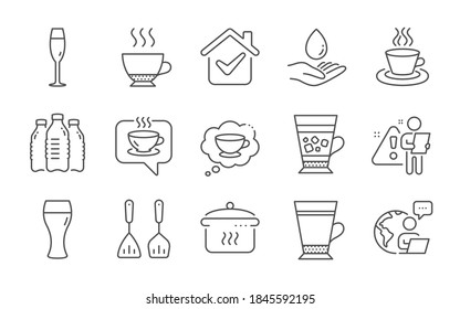 Beer glass, Frappe and Tea cup line icons set. Boiling pan, Water bottles and Cooking cutlery signs. Champagne glass, Espresso and Coffee symbols. Latte, Coffee cup and Water care. Vector
