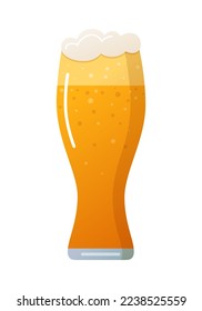 Beer glass, full of foamy refreshing alcohol drink. Lager beer fresh, alcohol drink. Brewery, party and Oktoberfest festival symbol flat vector illustration isolated on white background