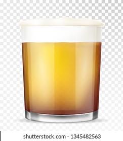 Beer glass. Full transparent cup. Glass full with ale and foam. Transparent realistic elements. Vector illustration