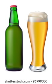 Beer in glass and green bottle of beer on a white background