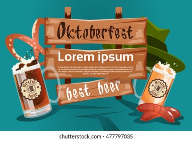 Beer Glass With Green Hat Sausage Pretzel Oktoberfest Festival Banner Flat Vector Illustration