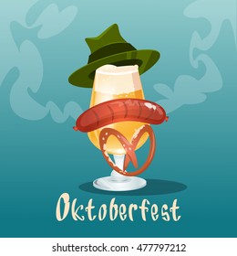 Beer Glass With Green Hat Sausage Pretzel Oktoberfest Festival Banner Flat Vector Illustration