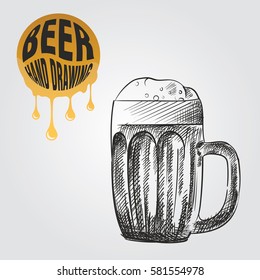 Beer in glass hand drawn sketch isolated on white background and yellow blob with drops. Beer sketch elements vector illustration