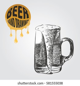 Beer in glass hand drawn sketch isolated on white background and yellow blob with drops. Beer sketch elements vector illustration