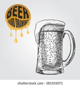 Beer in glass hand drawn sketch isolated on white background and yellow blob with drops. Beer sketch elements vector illustration