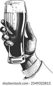 Beer glass in hand engraving. Pub menu illustration