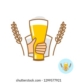 Beer glass with hand and wheat ears logo. Linear style symbol of beer.