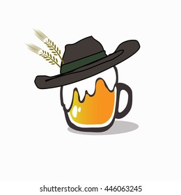 Beer glass with beer and a hat. Celebration concept.