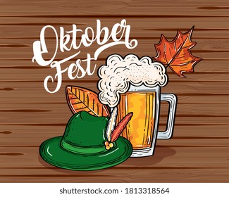 beer glass and hat with leaves design, Oktoberfest germany festival and celebration theme Vector illustration