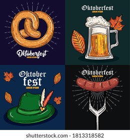 beer glass hat pretzel and sausage on fork design, Oktoberfest germany festival and celebration theme Vector illustration