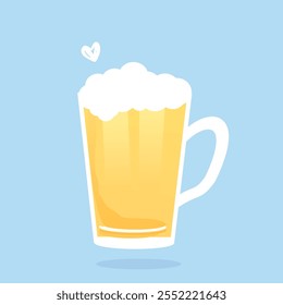 Beer glass with heart beer bubbles  on blue background vector.