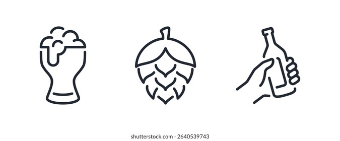 Beer glass, hop and drink bottle editable stroke outline icon isolated on white background flat vector illustration. Pixel perfect. 64 x 64.