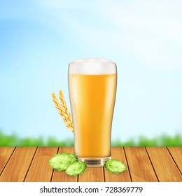 Beer glass with hop plant and wheat on a blurred nature background. 3d illustration. EPS10 vector