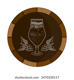 Beer glass and hop silhouette in round frame. Logo or sign for bar, pub, brewhouse or brewery on dark circle. Beer festival, Oktoberfest badge design. Stock vector Illustration