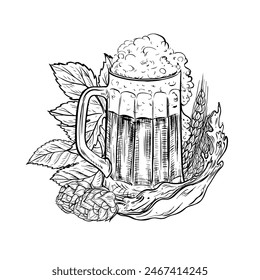 A beer glass, hops and malt. Black and white vector graphics drawn by hand. Highlighted on a white background. A design element for a pub or restaurant menu, label and poster, logo and packaging.