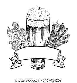 Beer glass, hops, malt, beer label. An illustration with black and white vector graphics drawn by hand. Highlighted on a white background. For the design of labels, packages, poster of the Oktoberfest