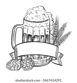 Beer glass, hops, malt, beer label. An illustration with black and white vector graphics drawn by hand. Highlighted on a white background. For the design of labels, packages, poster of the Oktoberfest