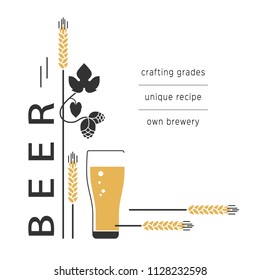 Beer glass, hops and wheat. Modern linear style. Vector illustration for a bar, restaurant, brewery.
