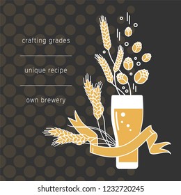 Beer glass, hops and wheat. Vector concept with ribbon.  Illustration for brewery, pub, bar, restaurant. Craft beer with brewing ingredients. Modern line style.