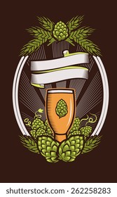 Beer in a glass with hops,banner, wheat in a oval frame. Dark background. EPS10