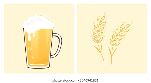 Beer glass icon and malt sign on yellow background vector. 