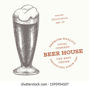 Beer glass illustration. Hand drawn vector pub beverage illustration. Engraved style. Vintage brewery illustration.