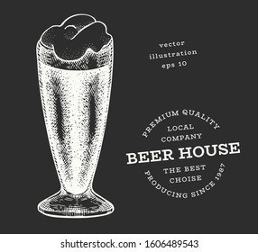 Beer glass illustration. Hand drawn vector pub beverage illustration on chalk board. Engraved style. Retro brewery illustration.