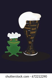 Beer glass with inscriptions, white foam, frog in a chef's cap - isolated on a black background - art, creative, modern vector illustration,