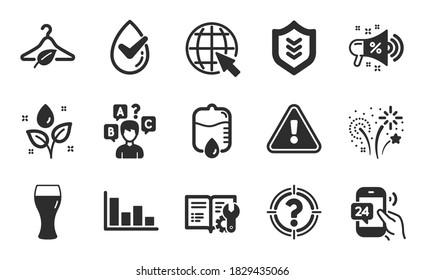 Beer Glass, Internet And Headhunter Icons Simple Set. Shield, 24h Service And Drop Counter Signs. Quiz Test, Plants Watering And Fireworks Symbols. Flat Icons Set. Vector