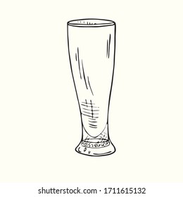 Beer glass isolated, outline simple doodle drawing, gravure style, design element