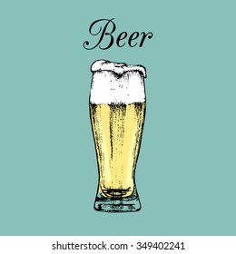 Beer glass isolated. Vector color illustration of alcoholic drink. Hand drawn sketch of lager goblet with foam. Restaurant, bar, pub menu design.