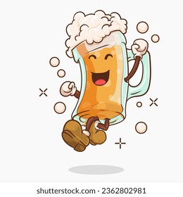 beer glass with kawaii cute face succes jump mascot vector illustration