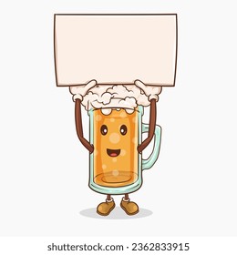 beer glass with kawaii cute face hold empty signboard for copyspace mascot vector illustration