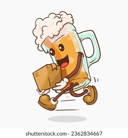 beer glass with kawaii cute face mascot delivery package vector illustration