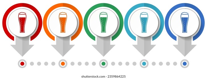 Beer in glass, lager, drink vector icon set, flat design infographic template, set pointer concept icons in 5 color options for webdesign and mobile applications