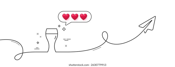 Beer glass line icon. Continuous line with share plane. Pub Craft beer sign. Brewery beverage symbol. Hearts rate review in speech bubble. Beer glass single line ribbon. Loop curve pattern. Vector