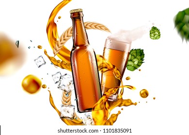 Beer glass with liquid and ingredients flying in the air in 3d illustration for design uses