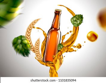 Beer glass with liquid and ingredients flying in the air in 3d illustration for design uses